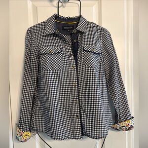 Jones New York Navy & White Gingham Button-Front Shirt, floral cuff option, PS